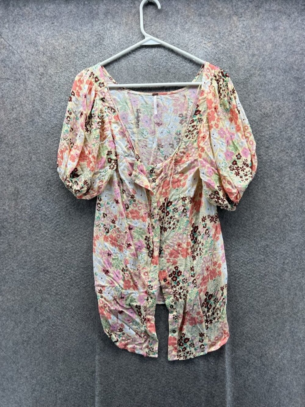 Free People Blouse Women XS Multicolor V Neck Short Puff Sleeve Tunic Floral